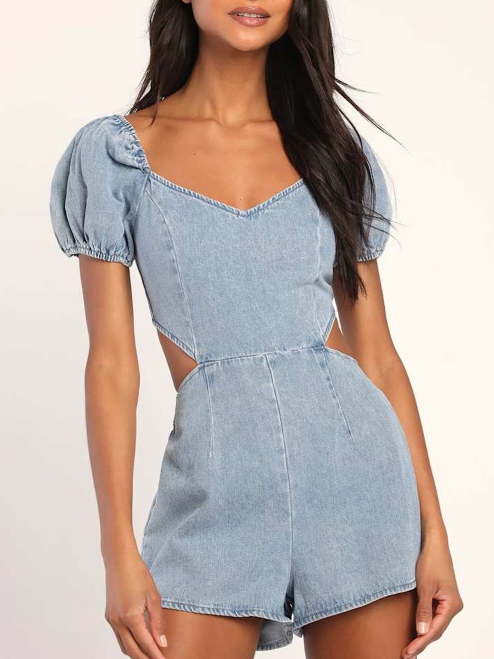 Lulu’s Blushing Beauty Light Wash Denim Puff Sleeve Romper